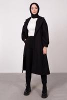 Tesettür giyim SİYAH DÜĞMELİ KUŞAKLI KABAN 2085 