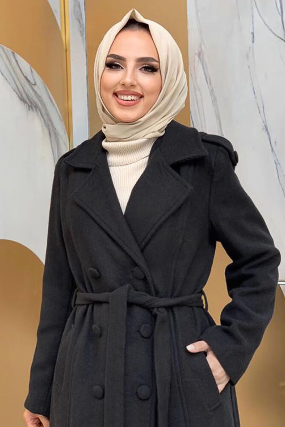 Tesettür giyim SİYAH DÜĞMELİ KUŞAKLI KAŞE KABAN 2267 