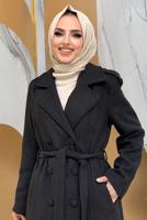 Tesettür giyim SİYAH DÜĞMELİ KUŞAKLI KAŞE KABAN 2267 