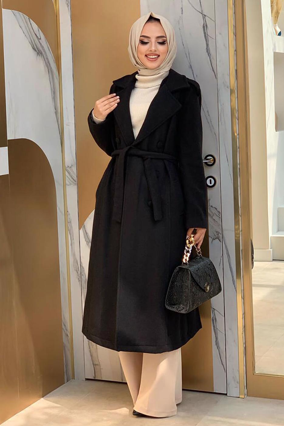 Tesettür giyim SİYAH DÜĞMELİ KUŞAKLI KAŞE KABAN 2267 