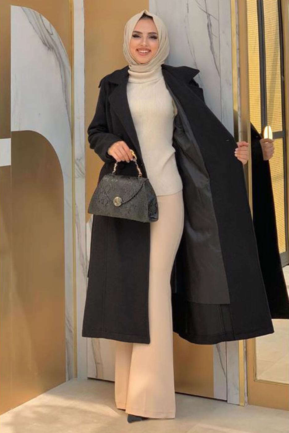 Tesettür giyim SİYAH DÜĞMELİ KUŞAKLI KAŞE KABAN 2267 