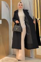 Tesettür giyim SİYAH DÜĞMELİ KUŞAKLI KAŞE KABAN 2267 