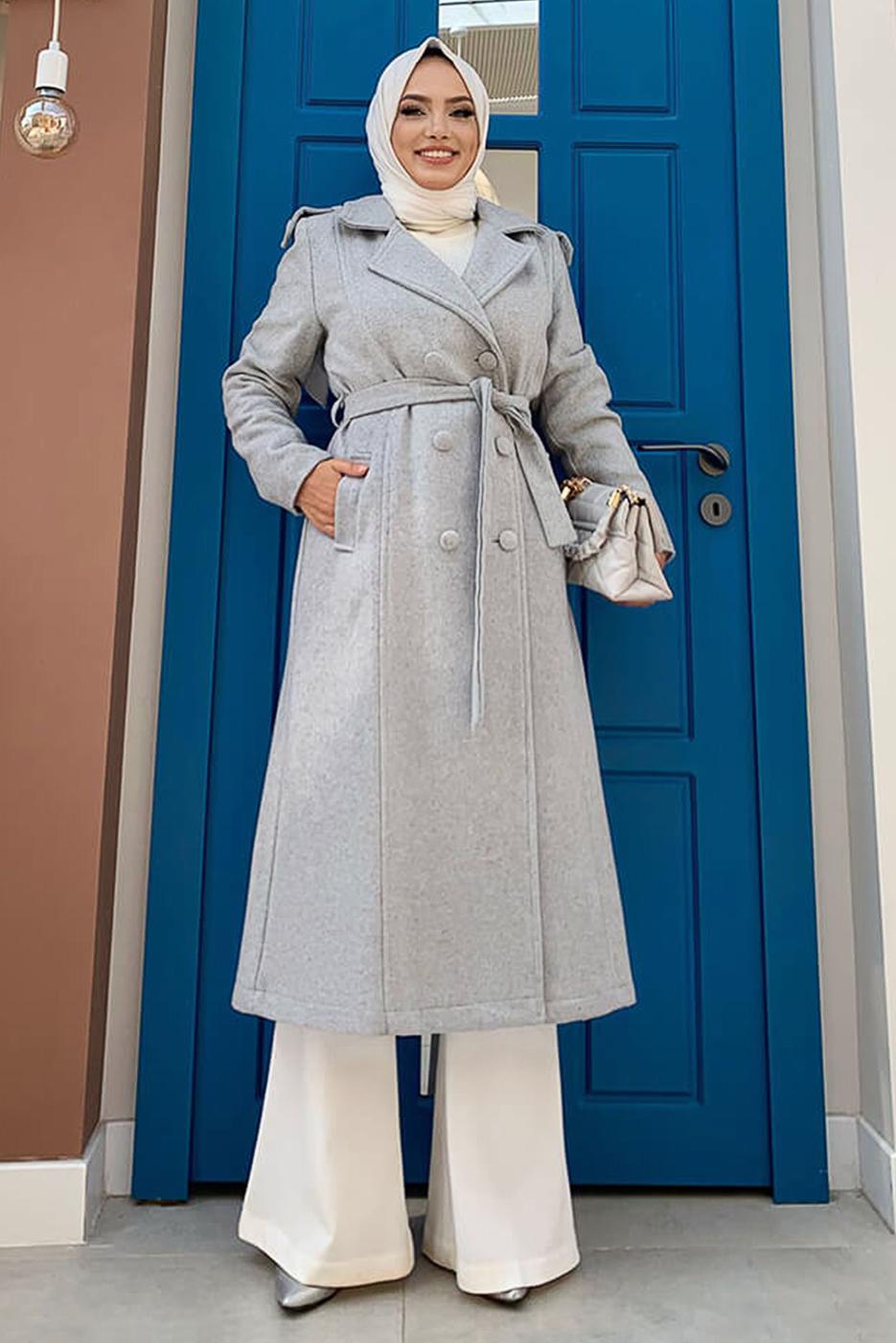 Tesettür giyim GRİ DÜĞMELİ KUŞAKLI KAŞE KABAN 2267 