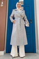 Tesettür giyim GRİ DÜĞMELİ KUŞAKLI KAŞE KABAN 2267 