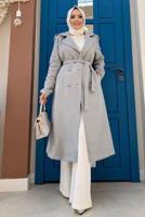 Tesettür giyim GRİ DÜĞMELİ KUŞAKLI KAŞE KABAN 2267 