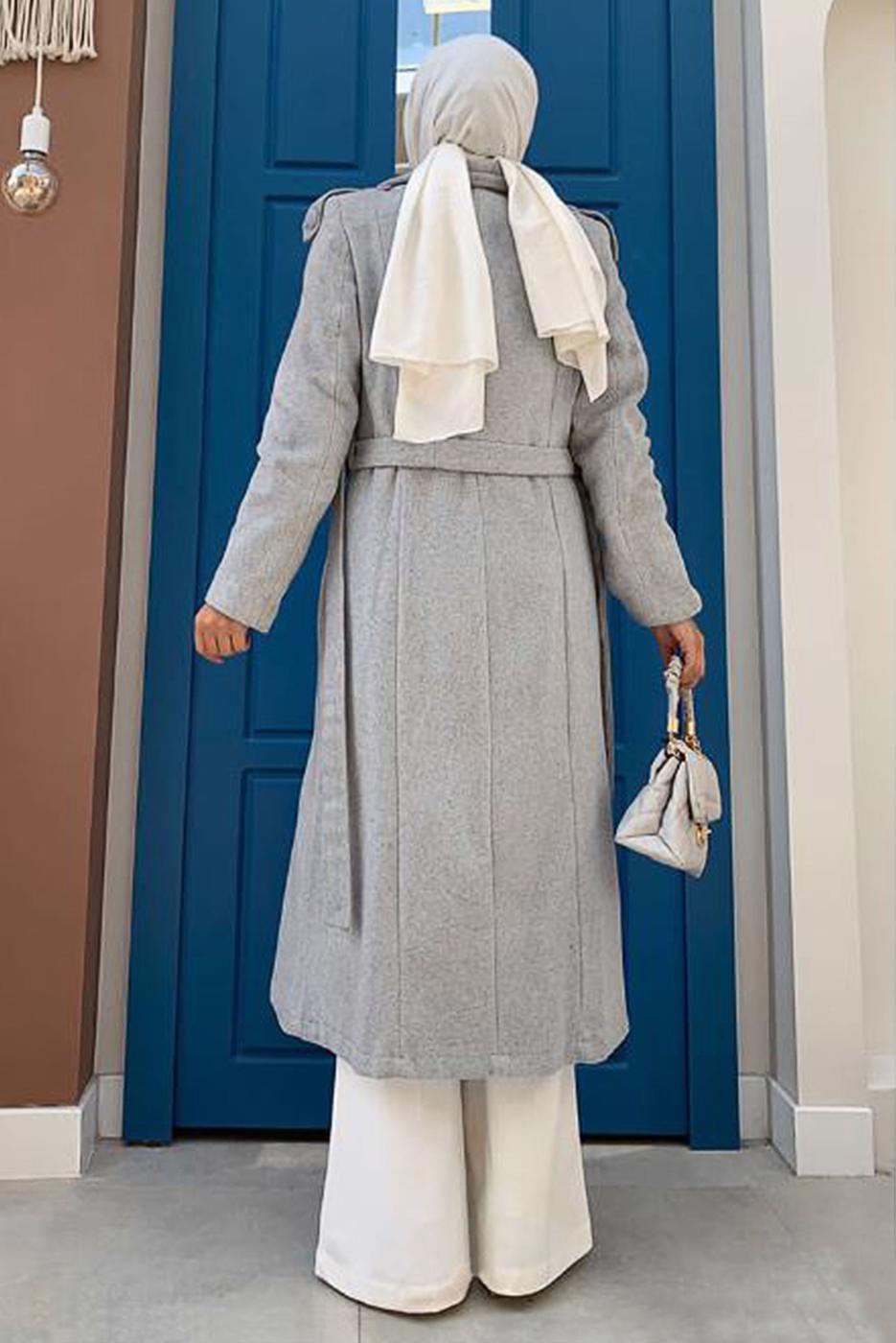 Tesettür giyim GRİ DÜĞMELİ KUŞAKLI KAŞE KABAN 2267 