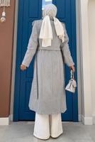 Tesettür giyim GRİ DÜĞMELİ KUŞAKLI KAŞE KABAN 2267 