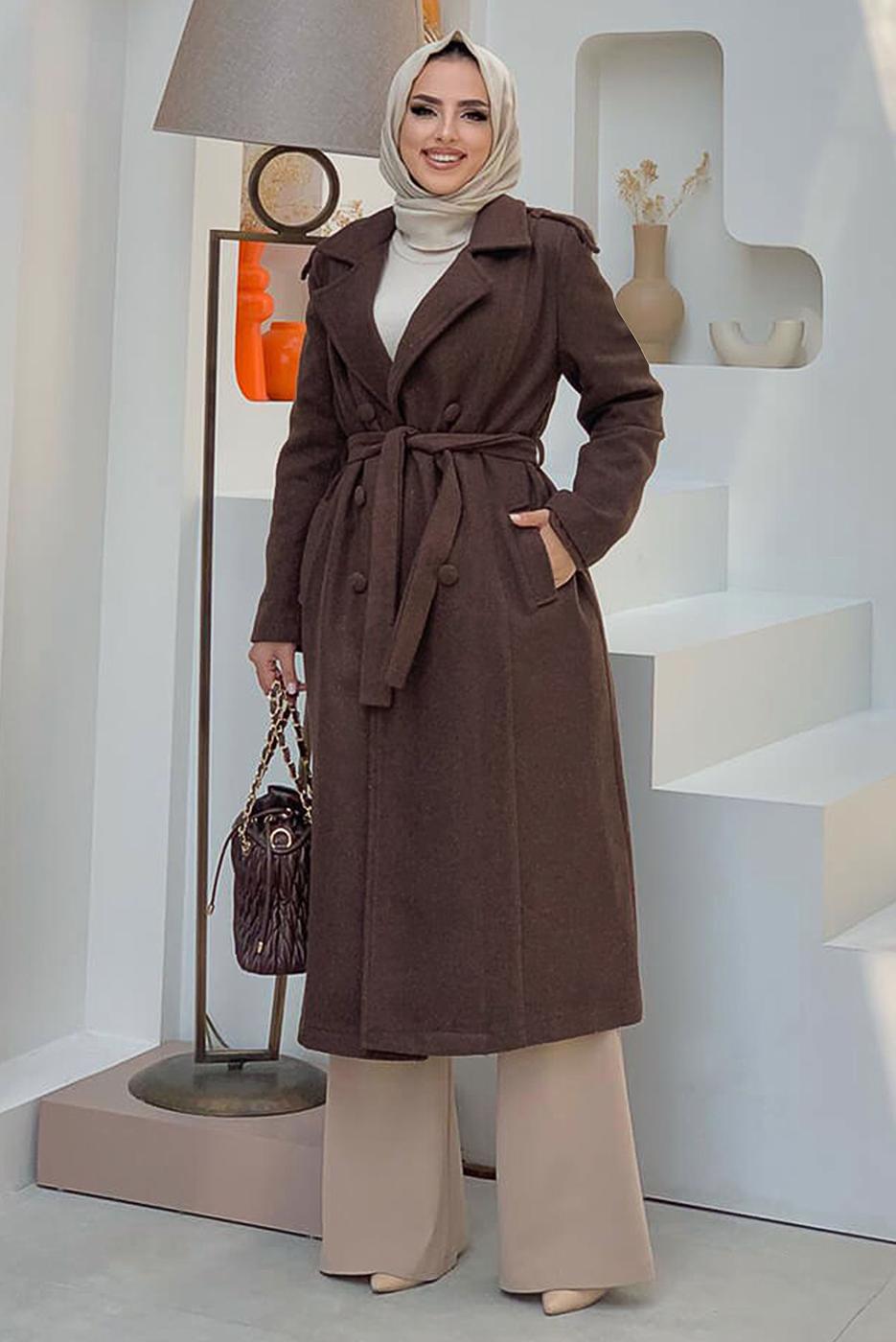 Tesettür giyim KAHVE DÜĞMELİ KUŞAKLI KAŞE KABAN 2267 