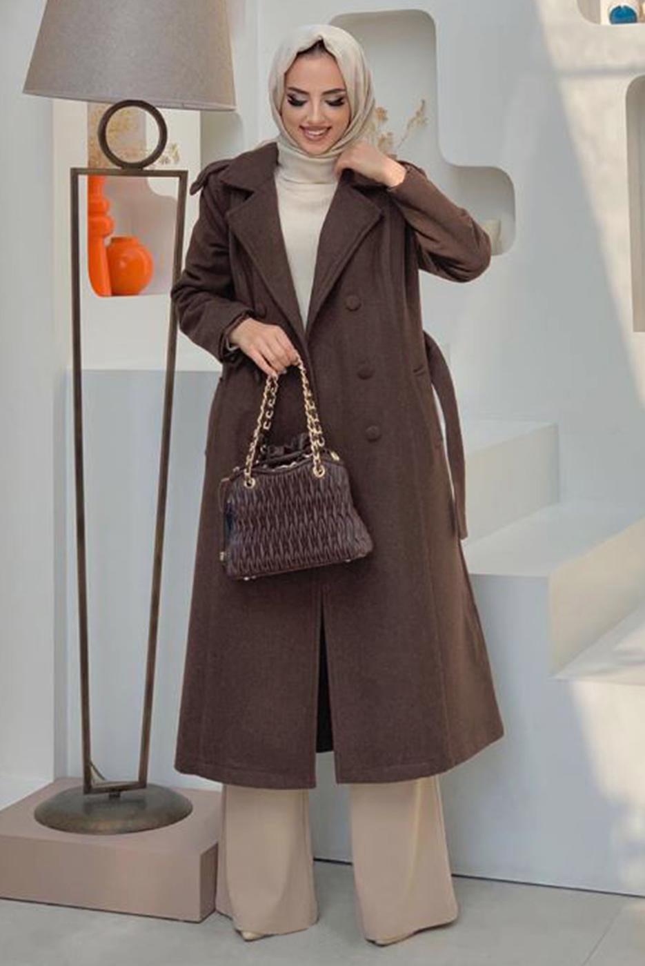 Tesettür giyim KAHVE DÜĞMELİ KUŞAKLI KAŞE KABAN 2267 