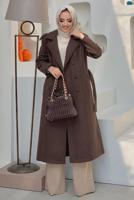 Tesettür giyim KAHVE DÜĞMELİ KUŞAKLI KAŞE KABAN 2267 