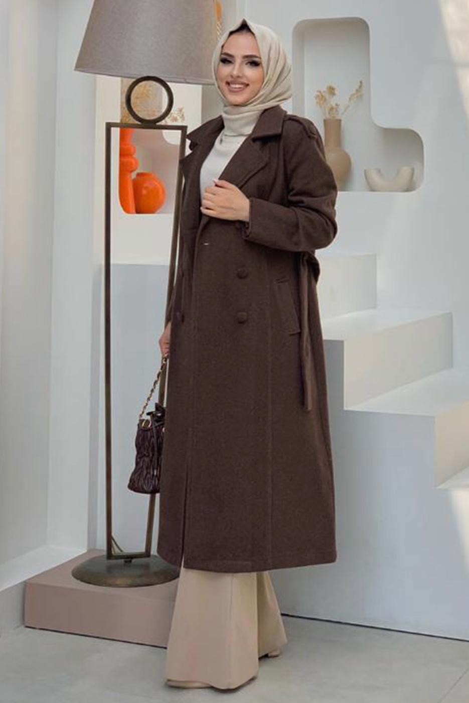 Tesettür giyim KAHVE DÜĞMELİ KUŞAKLI KAŞE KABAN 2267 