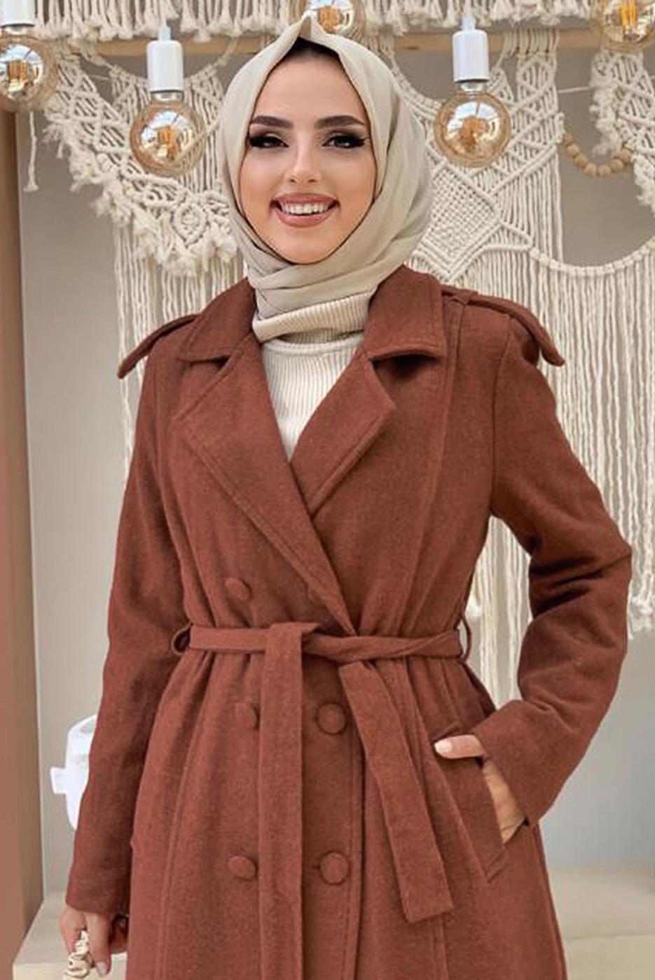 Tesettür giyim KAHVE DÜĞMELİ KUŞAKLI KAŞE KABAN 2267 