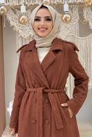 Tesettür giyim KAHVE DÜĞMELİ KUŞAKLI KAŞE KABAN 2267 