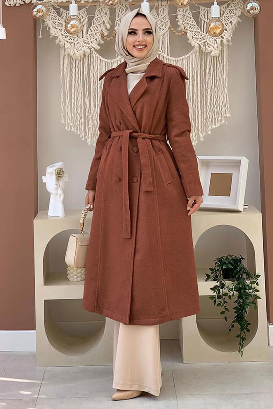 Tesettür giyim KAHVE DÜĞMELİ KUŞAKLI KAŞE KABAN 2267 