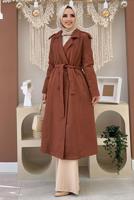 Tesettür giyim KAHVE DÜĞMELİ KUŞAKLI KAŞE KABAN 2267 