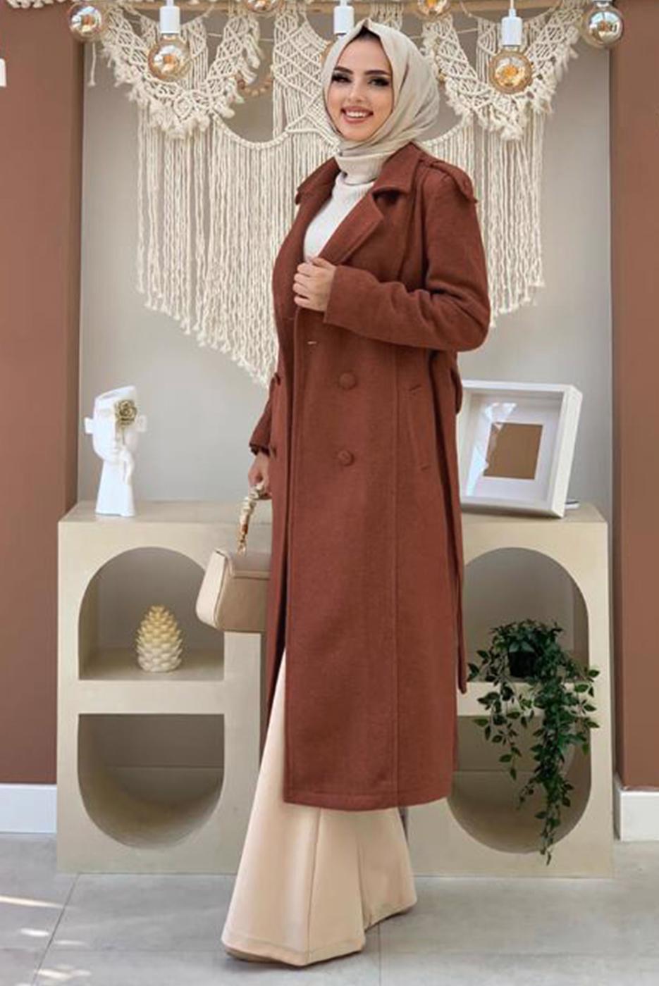 Tesettür giyim KAHVE DÜĞMELİ KUŞAKLI KAŞE KABAN 2267 