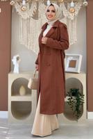 Tesettür giyim KAHVE DÜĞMELİ KUŞAKLI KAŞE KABAN 2267 