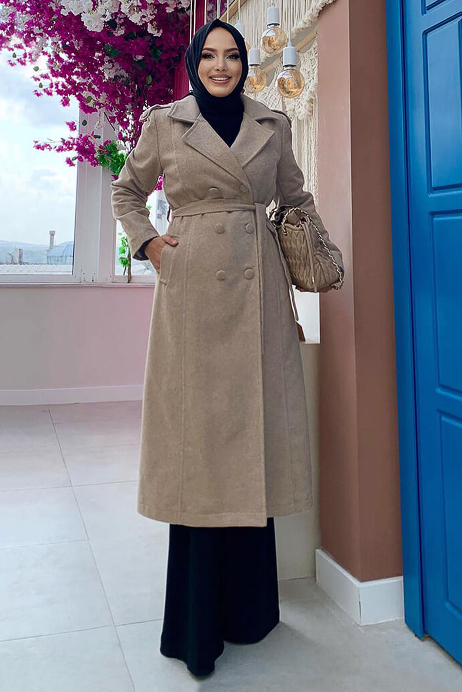 Tesettür giyim VİZON DÜĞMELİ KUŞAKLI KAŞE KABAN 2267 