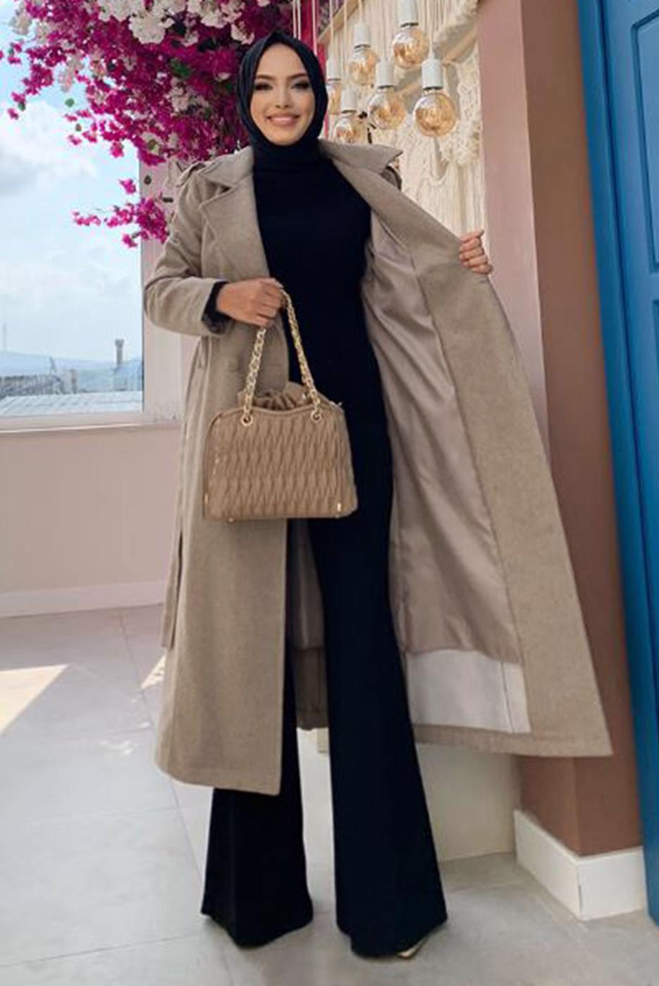 Tesettür giyim VİZON DÜĞMELİ KUŞAKLI KAŞE KABAN 2267 