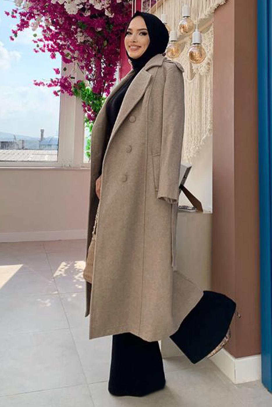 Tesettür giyim VİZON DÜĞMELİ KUŞAKLI KAŞE KABAN 2267 