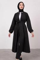 Tesettür giyim SİYAH MANŞETLERİ LASTİKLİ KUŞAKLI KABAN 2285 