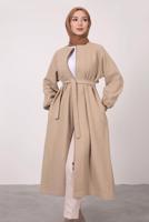 Tesettür giyim BEJ MANŞETLERİ LASTİKLİ KUŞAKLI KABAN 2285 
