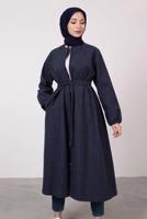 Tesettür giyim LACİVERT MANŞETLERİ LASTİKLİ KUŞAKLI KABAN 2285 