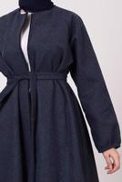 Tesettür giyim LACİVERT MANŞETLERİ LASTİKLİ KUŞAKLI KABAN 2285 