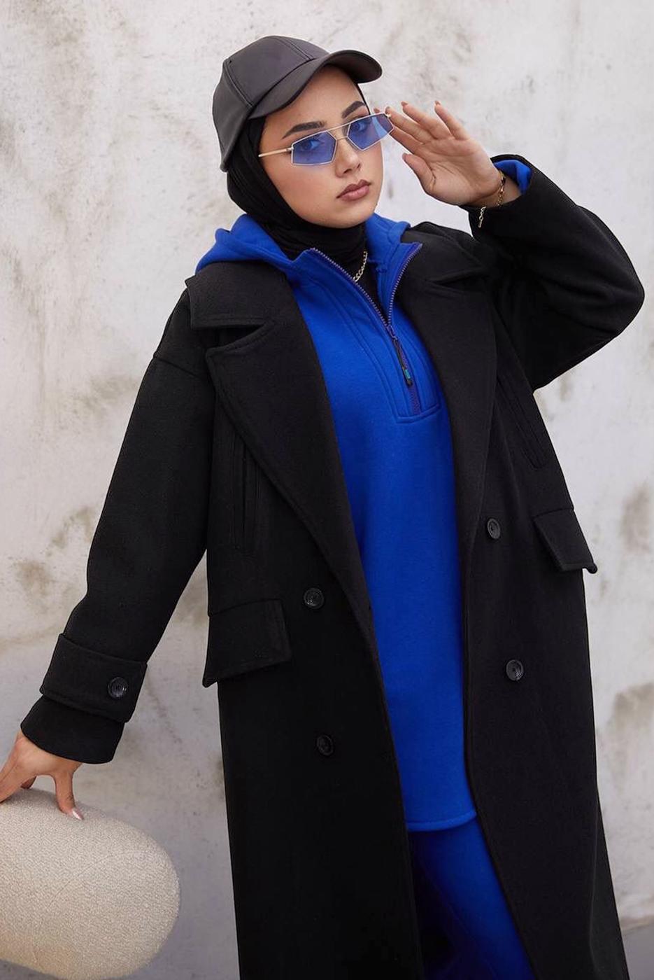 Tesettür giyim SİYAH CEPLİ DÜĞMELİ KABAN 2316