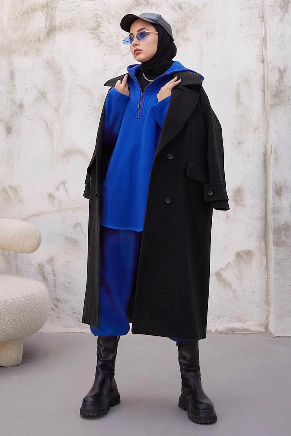 Tesettür giyim SİYAH CEPLİ DÜĞMELİ KABAN 2316