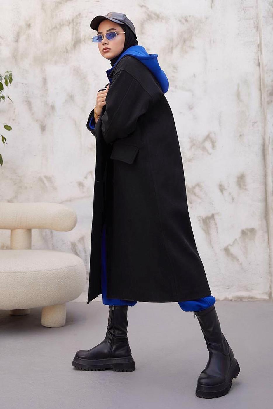 Tesettür giyim SİYAH CEPLİ DÜĞMELİ KABAN 2316