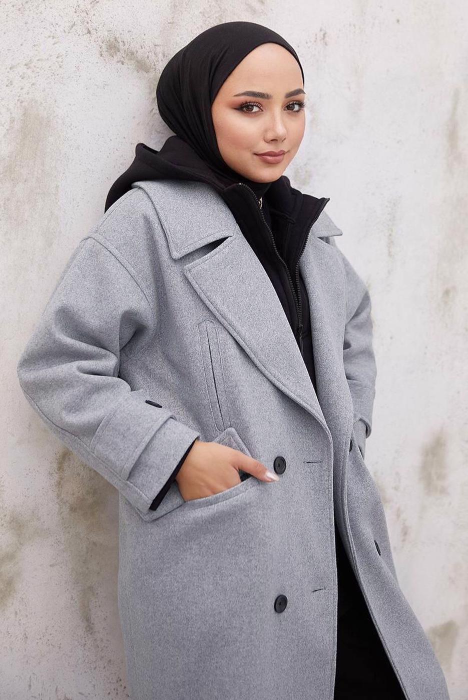 Tesettür giyim GRİ CEPLİ DÜĞMELİ KABAN 2316