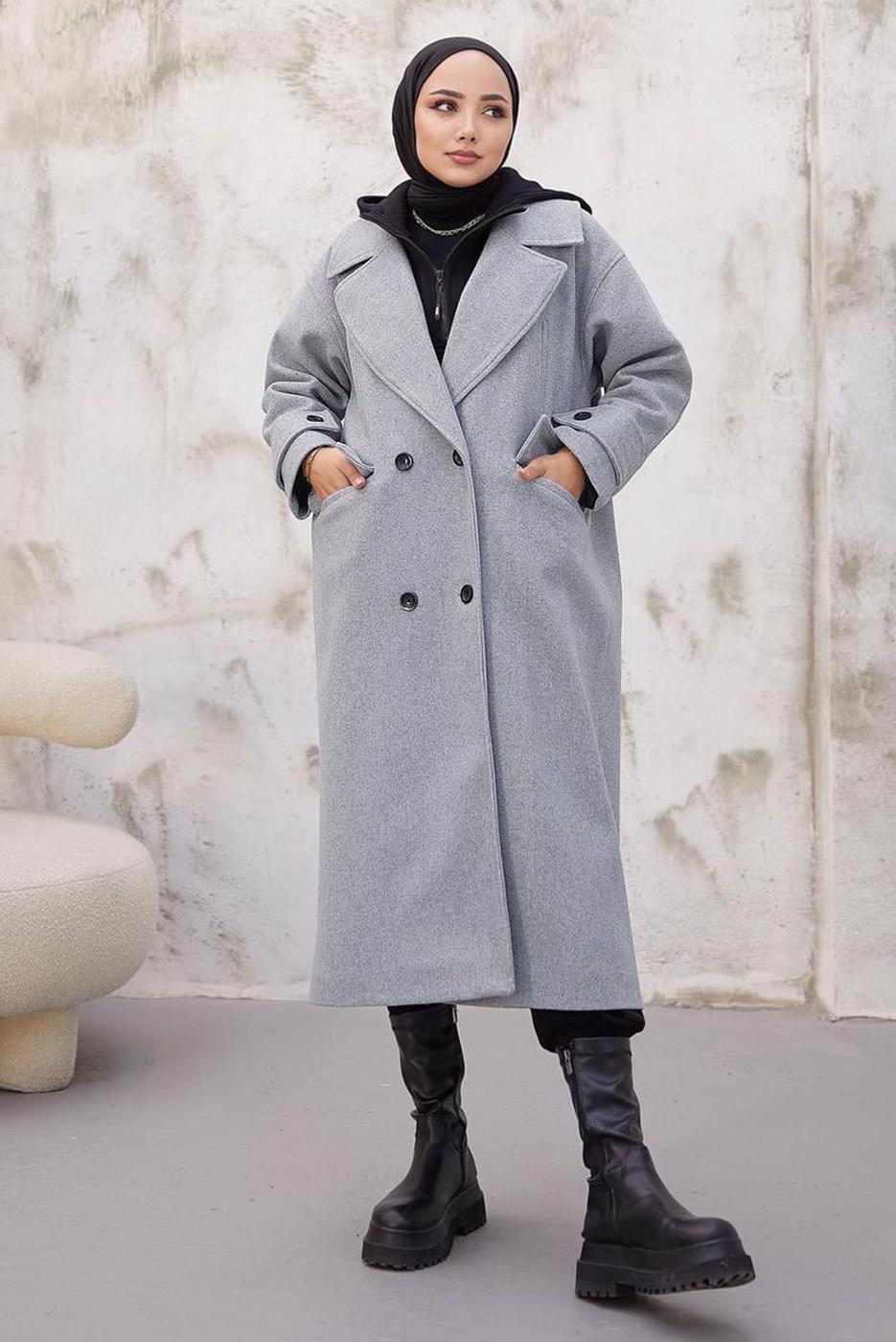 Tesettür giyim GRİ CEPLİ DÜĞMELİ KABAN 2316