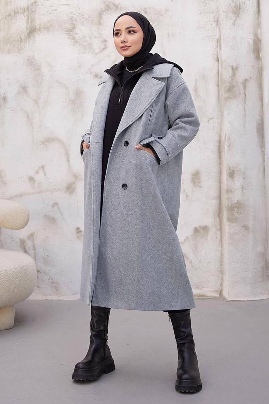 Tesettür giyim GRİ CEPLİ DÜĞMELİ KABAN 2316