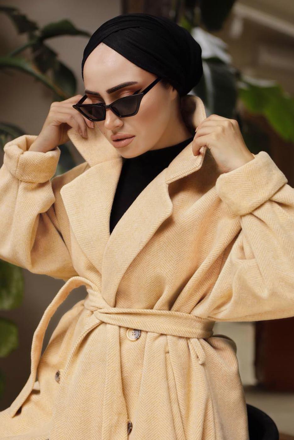 Tesettür giyim TURUNCU BALIKSIRTI DESENLİ KUŞAKLI KABAN 2592