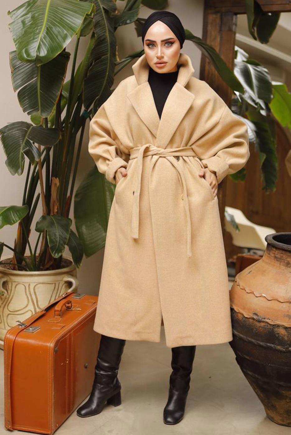 Tesettür giyim TURUNCU BALIKSIRTI DESENLİ KUŞAKLI KABAN 2592