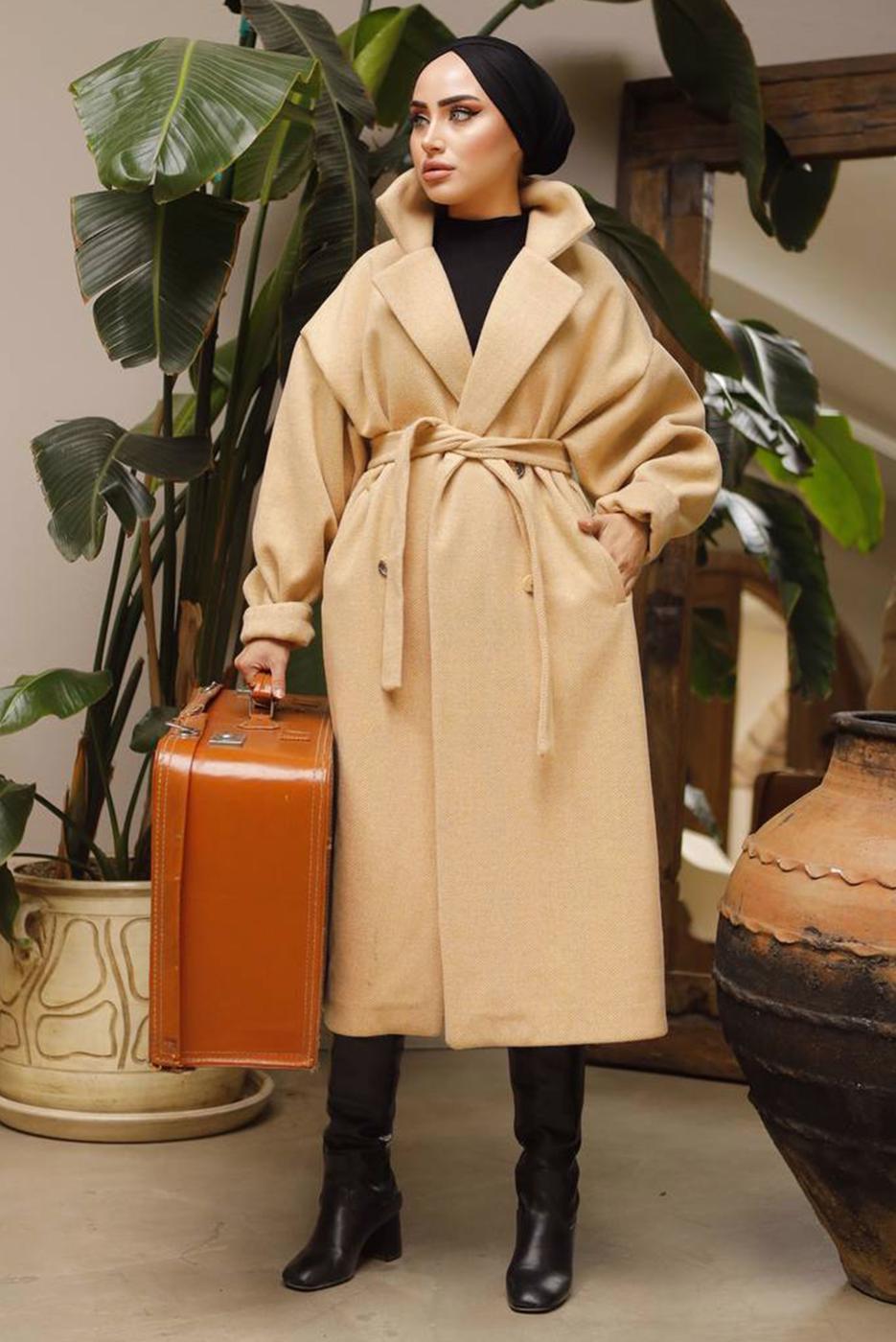 Tesettür giyim TURUNCU BALIKSIRTI DESENLİ KUŞAKLI KABAN 2592