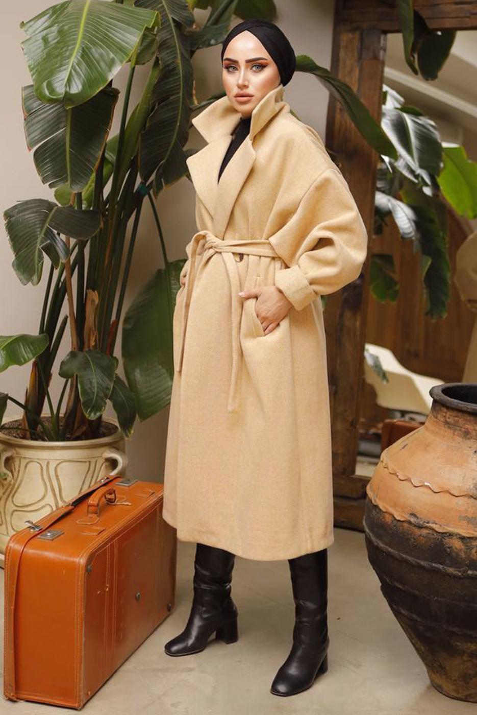 Tesettür giyim TURUNCU BALIKSIRTI DESENLİ KUŞAKLI KABAN 2592