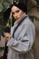 Tesettür giyim GRİ BALIKSIRTI DESENLİ KUŞAKLI KABAN 2592