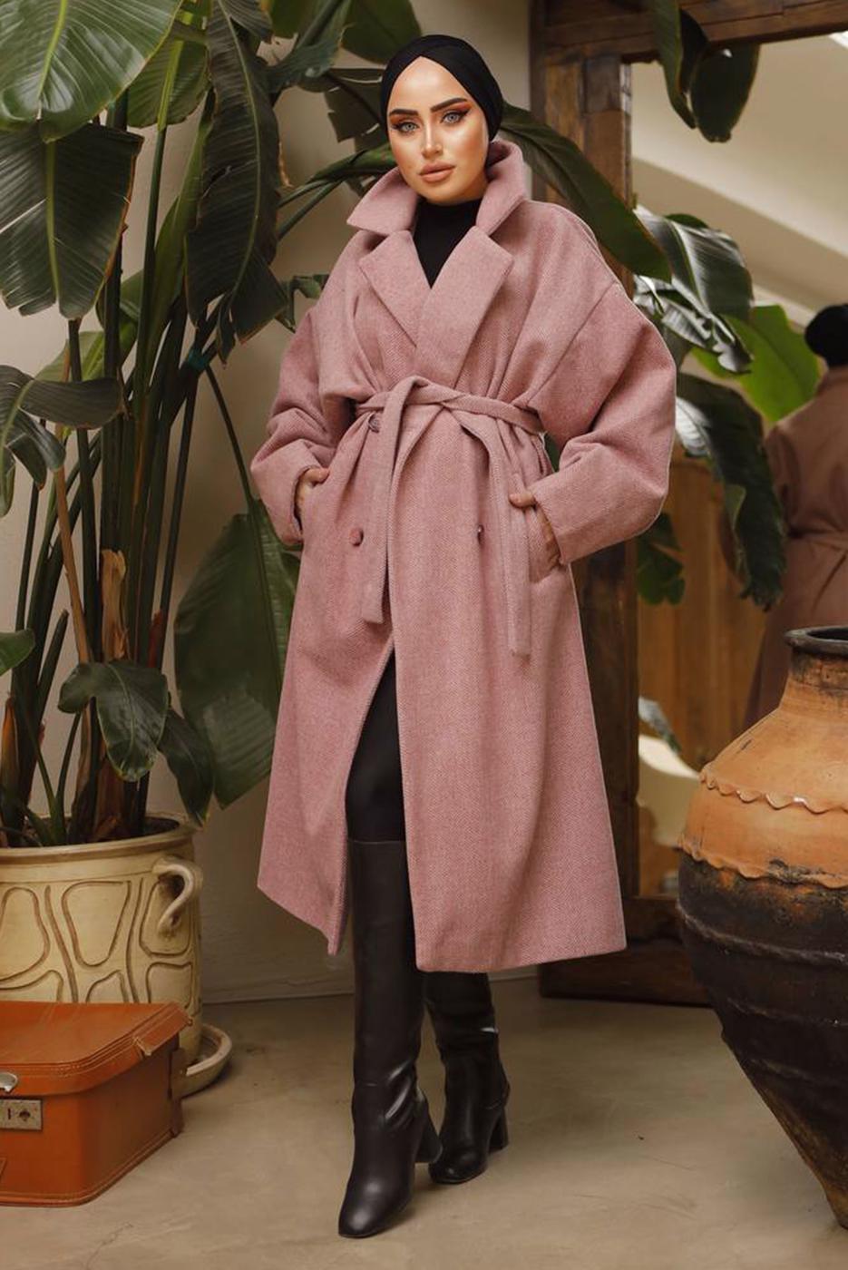 Tesettür giyim PUDRA BALIKSIRTI DESENLİ KUŞAKLI KABAN 2592