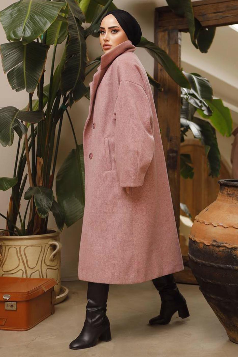 Tesettür giyim PUDRA BALIKSIRTI DESENLİ KUŞAKLI KABAN 2592