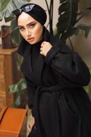 Tesettür giyim SİYAH DÜĞMELİ KUŞAKLI KAŞE KABAN 2592-1