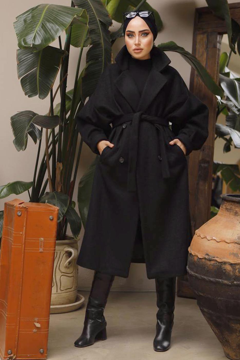 Tesettür giyim SİYAH DÜĞMELİ KUŞAKLI KAŞE KABAN 2592-1