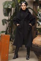 Tesettür giyim SİYAH DÜĞMELİ KUŞAKLI KAŞE KABAN 2592-1