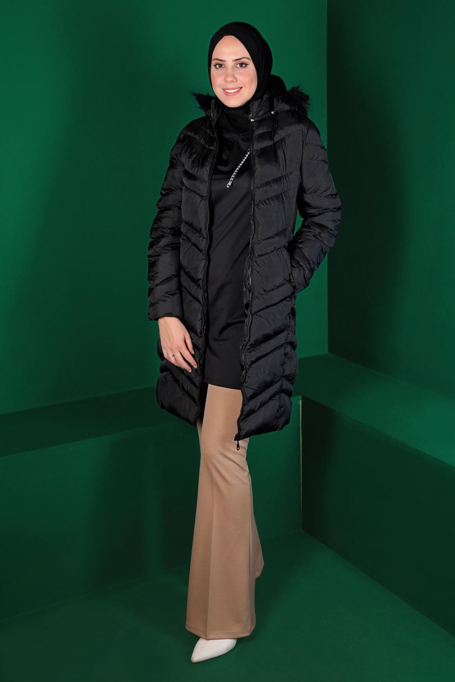 Tesettür giyim SİYAH KAPÜŞONLU FERMUARLI ŞİŞME KABAN 3030