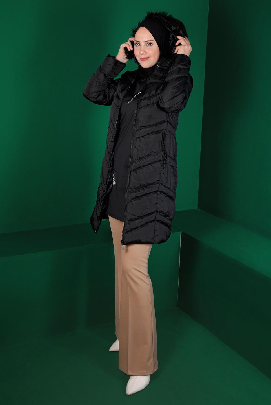 Tesettür giyim SİYAH KAPÜŞONLU FERMUARLI ŞİŞME KABAN 3030