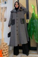 Tesettür giyim SİYAH ÇİZGİLİ DERİ DETAYLI KABAN 3477 