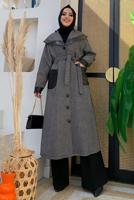 Tesettür giyim SİYAH ÇİZGİLİ DERİ DETAYLI KABAN 3477 