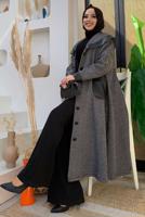 Tesettür giyim SİYAH ÇİZGİLİ DERİ DETAYLI KABAN 3477 