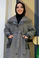Tesettür giyim SİYAH ÇİZGİLİ DERİ DETAYLI KABAN 3477 